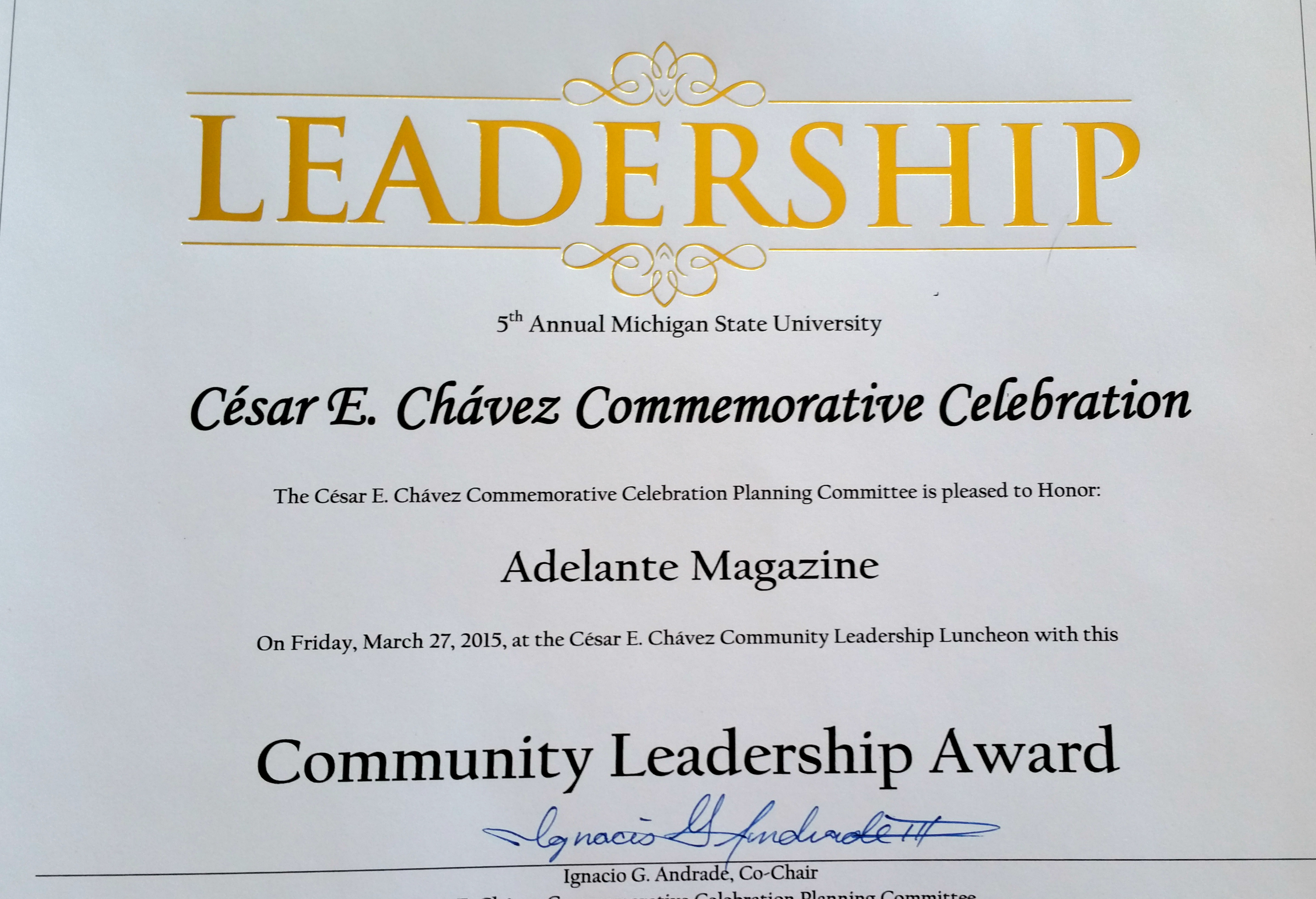 Adelante Forward magazine honored with Chavez Award from MSU!